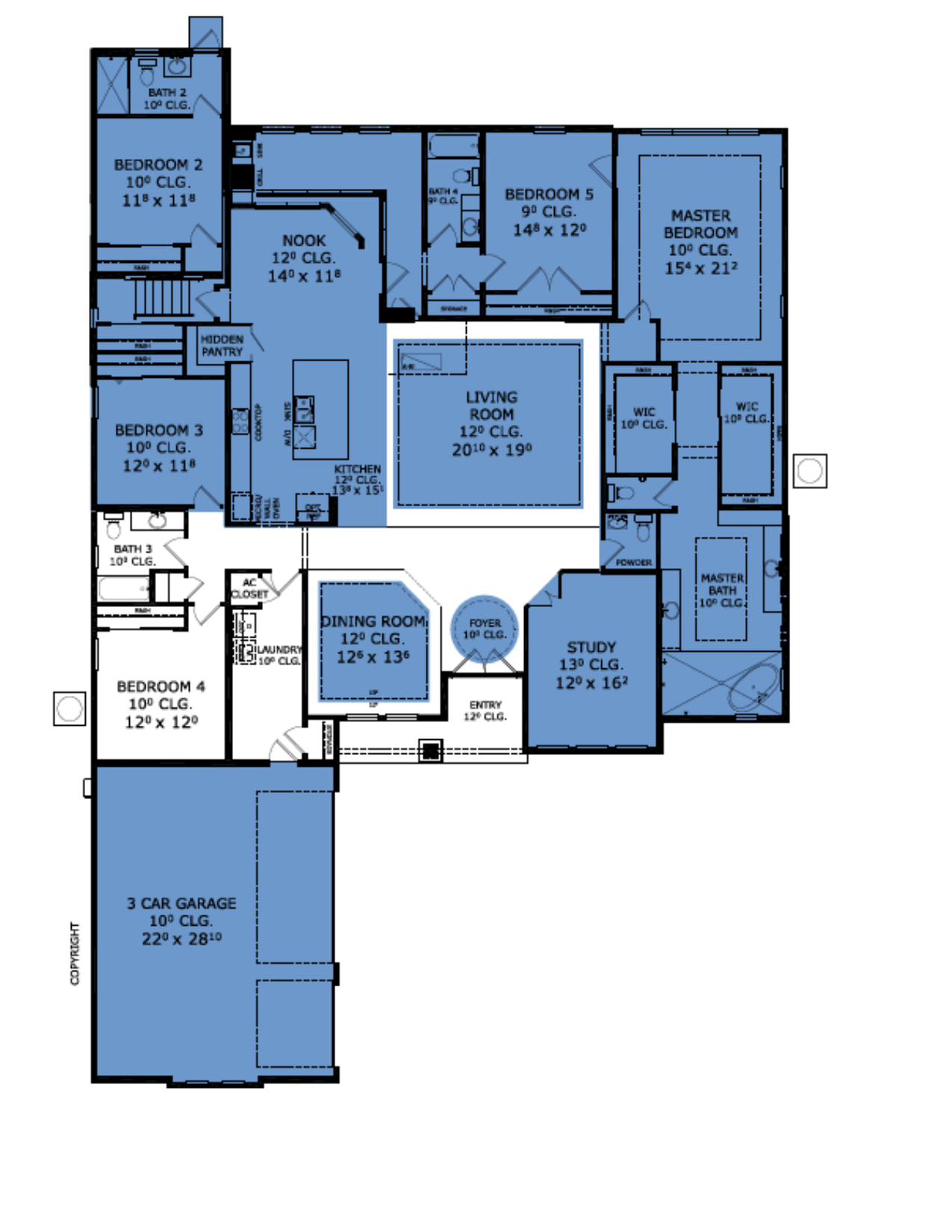 The Dahlia architectural floor plan showing five bedrooms and a three-car courtyard garage