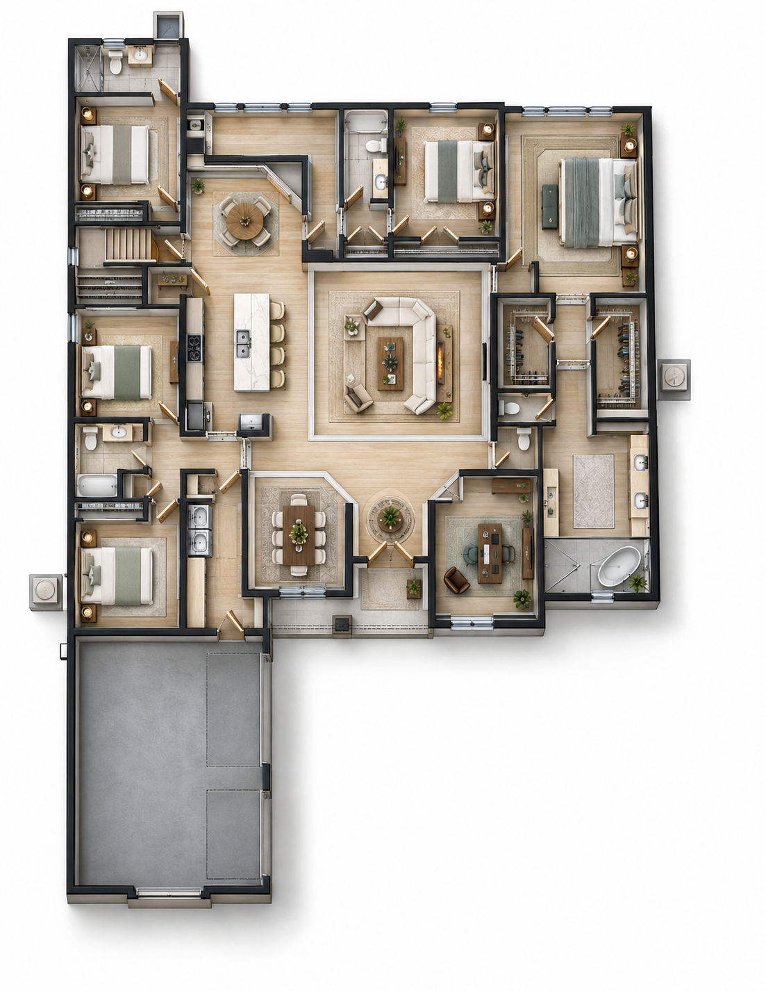 Conceptual furnished top-down walkthrough layout for The Dahlia