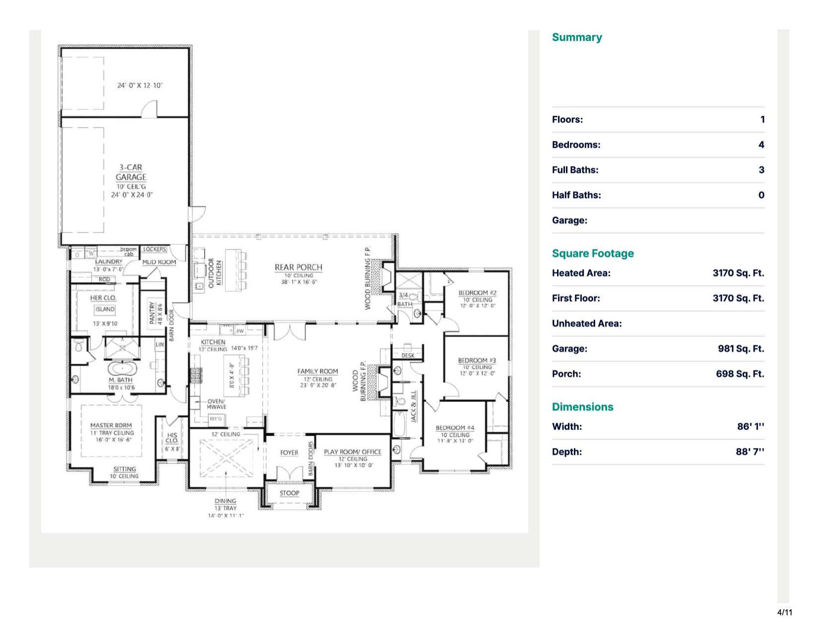 The Hibiscus architectural plan showing four bedrooms, three baths and a three-car garage