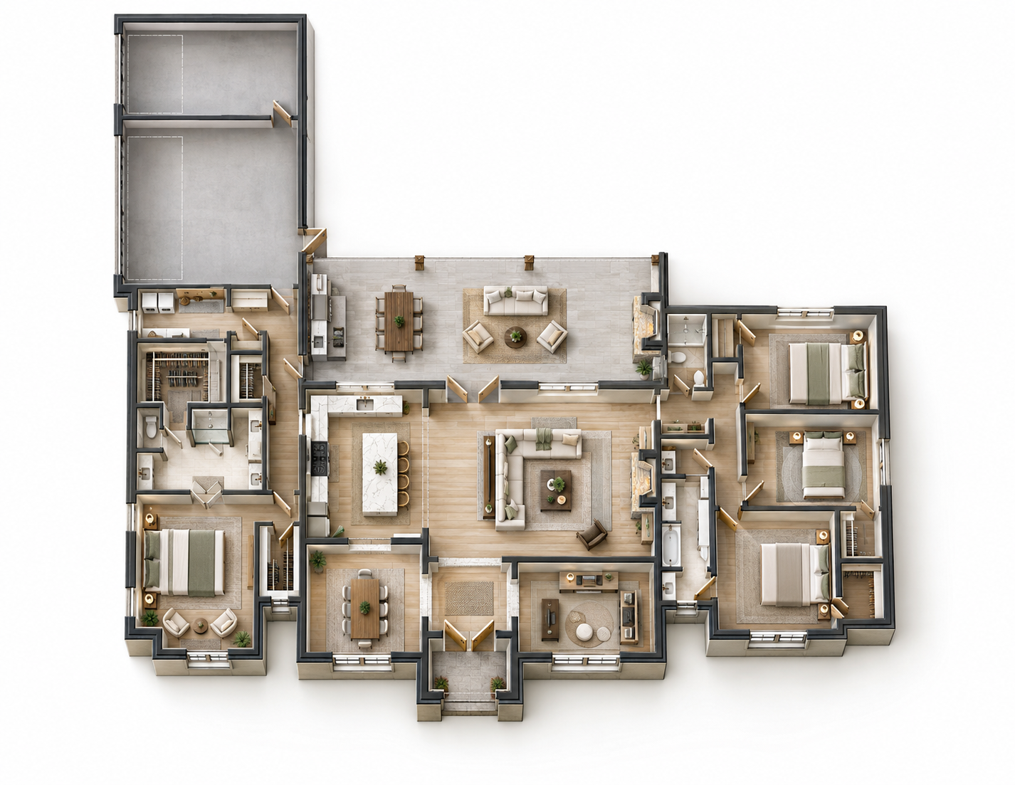 Conceptual furnished top-down walkthrough layout for The Hibiscus