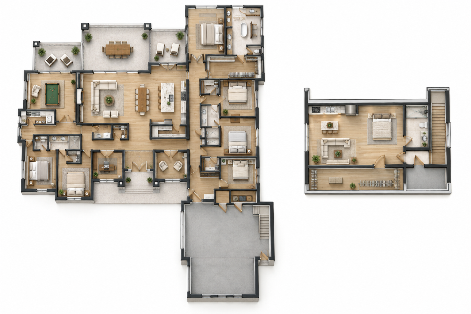 Conceptual furnished top-down walkthrough showing both levels of The Magnolia
